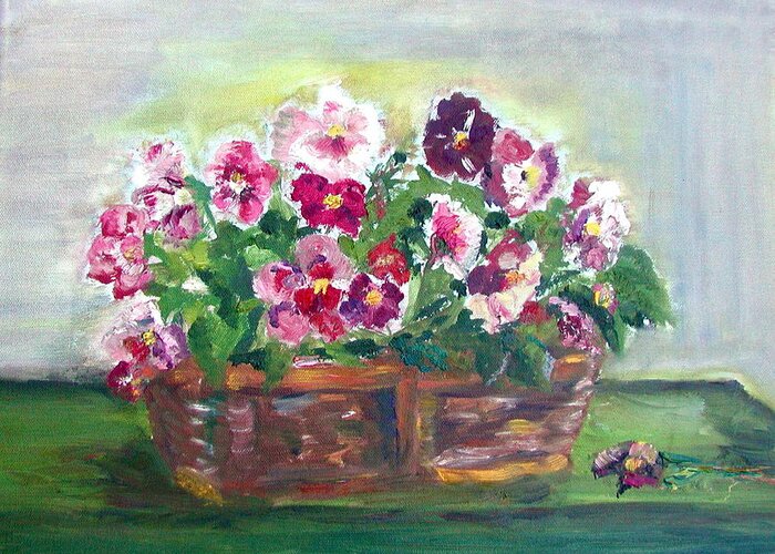 Pansies Greeting Card featuring the painting Basket of Pansies by Anna Ruzsan