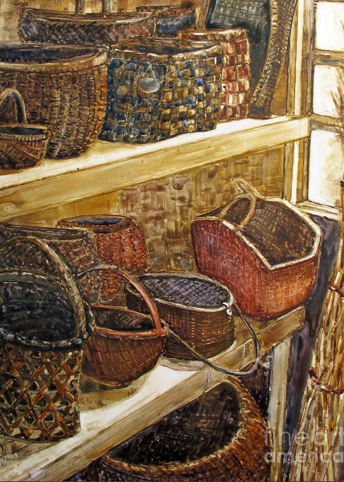 Old Baskets Greeting Card featuring the painting Baskets Galore by Louise Peardon