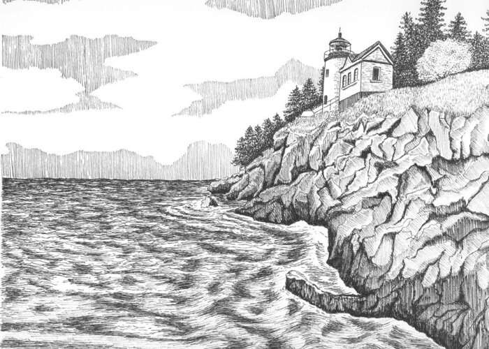 Lighthouse Greeting Card featuring the drawing Bass Harbor Head Lighthouse by Lawrence Tripoli