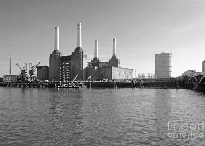 Battersea Power Station London River Thames Embankment Uk England Mono Black White And Greeting Card featuring the photograph Battersea Power Station by Julia Gavin