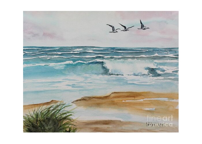 Watercolor Greeting Card featuring the painting Beach and Waves by Wendy Ray