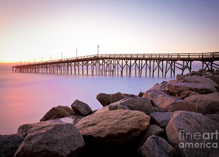 Beach Greeting Card featuring the photograph Beach Fishing Pier and Rocks at Sunrise by Jo Ann Tomaselli