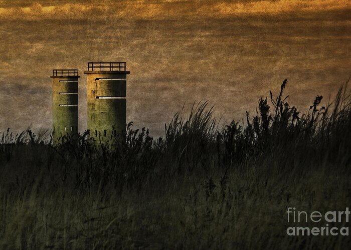Delaware Photographs Greeting Card featuring the photograph Beach Guard Towers at Dusk by Gene Bleile Photography 