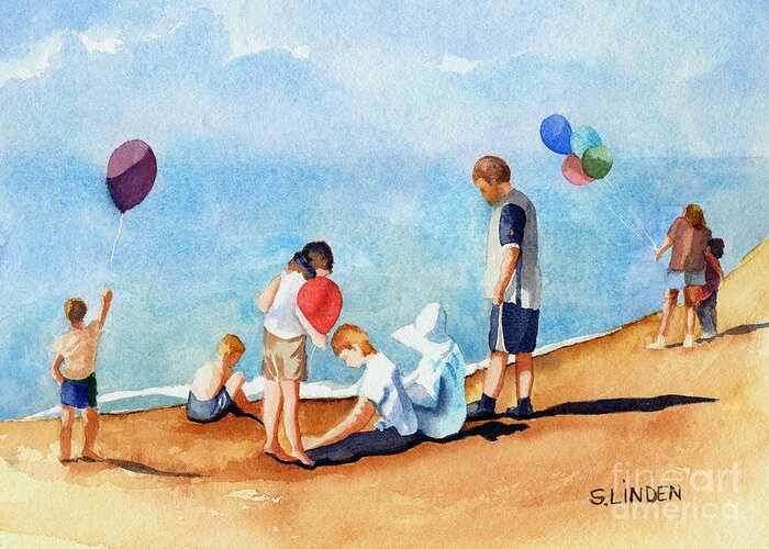 Portraits - Family Beach Scene Greeting Card featuring the painting Beach Party by Sandy Linden