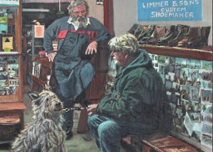 Shoes Greeting Card featuring the painting Beau Bob and the Bootmaker by Cliff Wilson