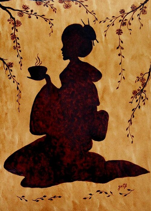 Geisha Coffee Art Painting Greeting Card featuring the painting Beautiful Geisha Coffee Painting by Georgeta Blanaru