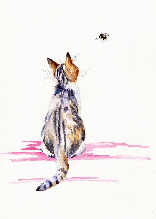 Cat Greeting Card featuring the painting Kitten - Bee-mused by Debra Hall