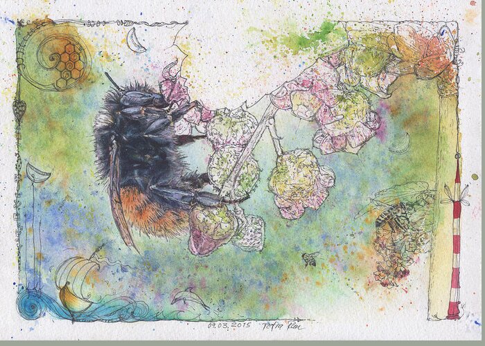 Bees Greeting Card featuring the painting Bee on Currant Blossom. by Petra Rau