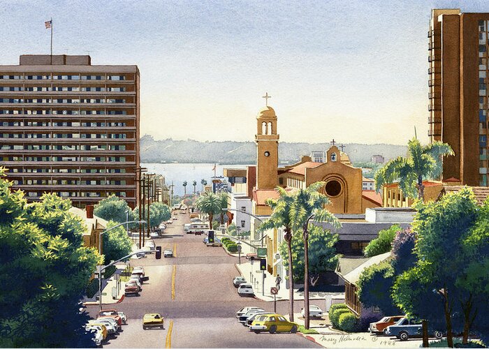 Beech Greeting Card featuring the painting Beech Street in San Diego by Mary Helmreich