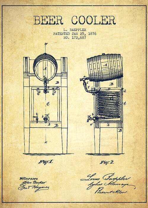 Beer Keg Greeting Card featuring the digital art Beer Cooler Patent Drawing from 1876 - Vintage by Aged Pixel