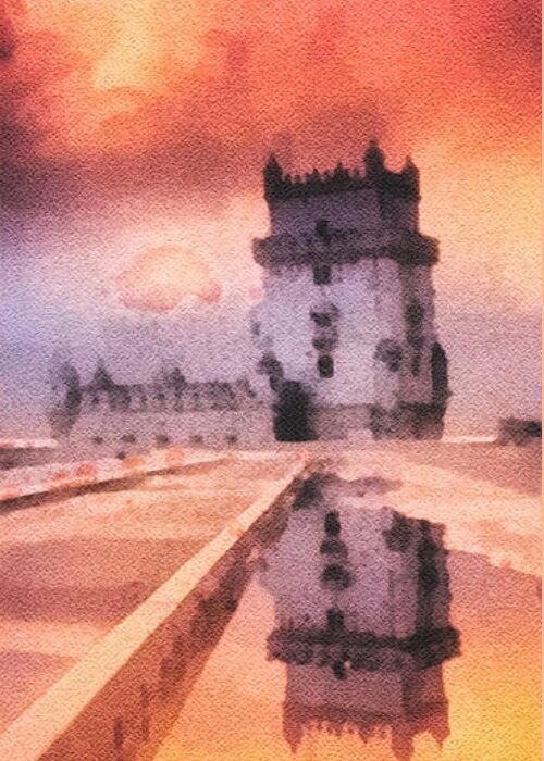 Belem Tower Greeting Card featuring the painting Belem Tower by Mo T