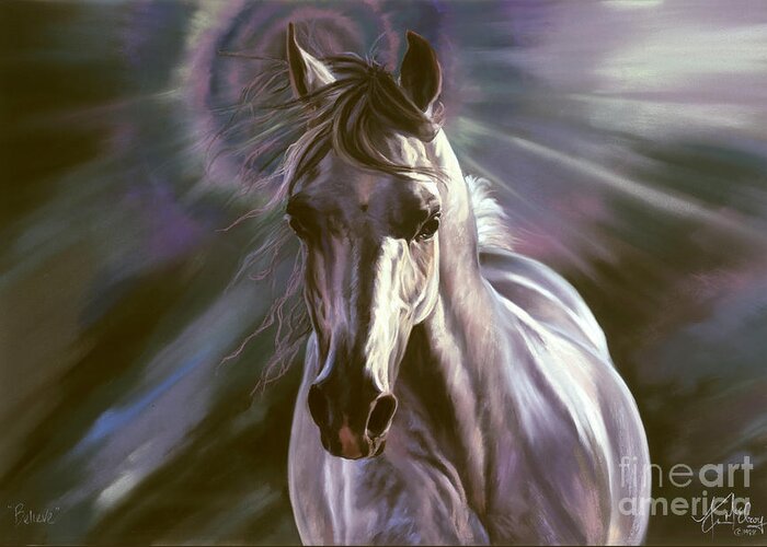 White Arabian Greeting Card featuring the pastel Believe by Kim McElroy