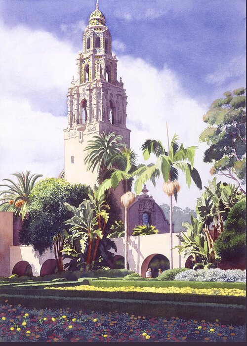 Bell Greeting Card featuring the painting Bell Tower in Balboa Park by Mary Helmreich