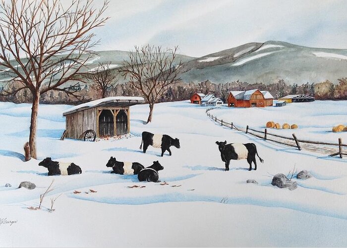Galloway Greeting Card featuring the painting Belties in the Snow by Joseph Burger