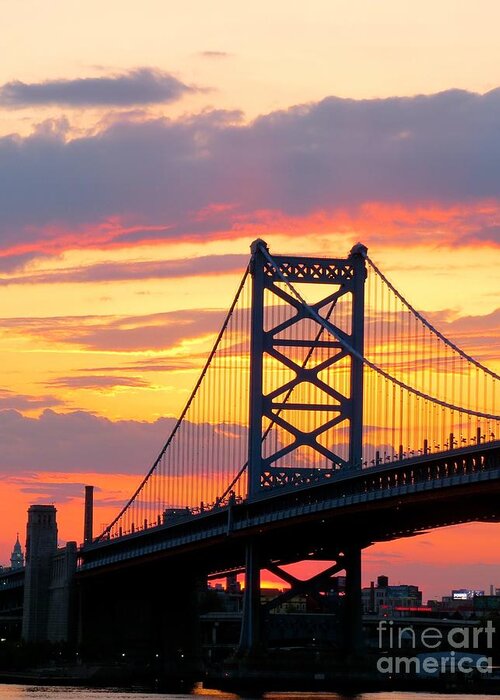 Philadelphia Pennsylvania Greeting Card featuring the photograph Ben Franklin Bridge at Sunset by Nancy Patterson