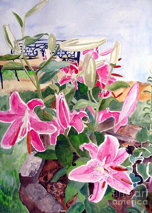 Lily Greeting Card featuring the painting Bench on a Hill by Sandy McIntire
