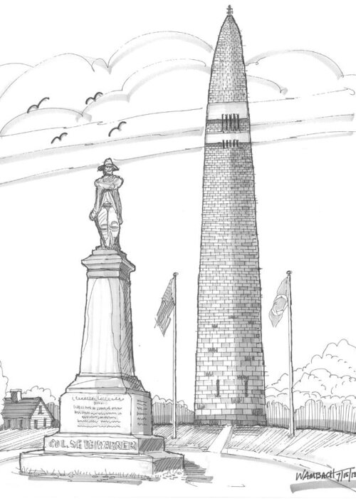 Bennington Battle Monument Greeting Card featuring the drawing Bennington Battle Monuments by Richard Wambach