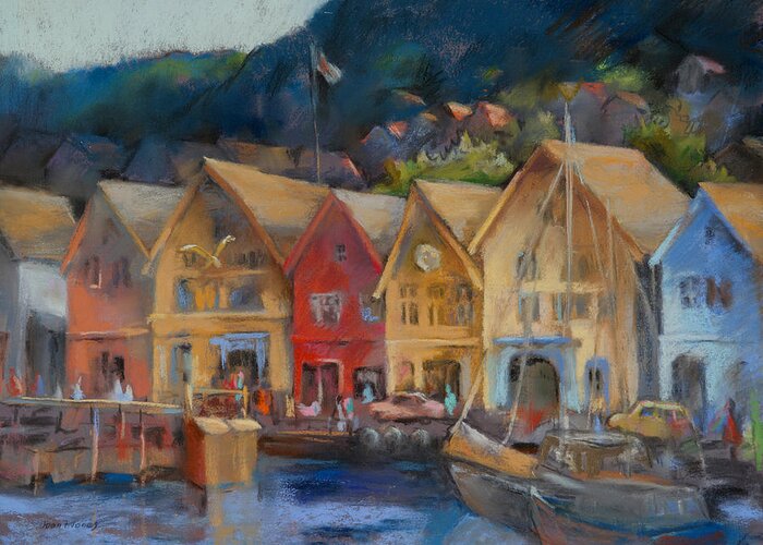 Bergen Norway Greeting Card featuring the painting Bergen Bryggen in the Early Morning by Joan Jones