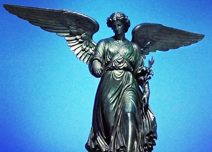 Bethesda Fountain Angel Central Park New York Ny Blue Black Sky Wings Angel Statue Greeting Card featuring the photograph Bethesda Fountain Angel Central Park NY by Kathleen Anderle