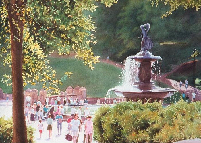 Watercolor Greeting Card featuring the painting Bethesda Fountain by Daniel Dayley