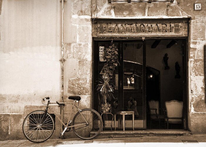 Bar Greeting Card featuring the photograph Bicycle and reflections at L'Antiquari bar by RicardMN Photography