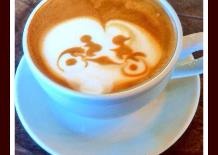 Latte Art Greeting Card featuring the photograph Bicycle Built For Two Latte by Susan Garren