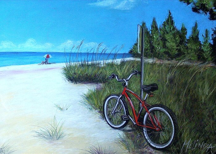 Bicycle Greeting Card featuring the painting Bicycle on Sanibel Beach by Melinda Saminski