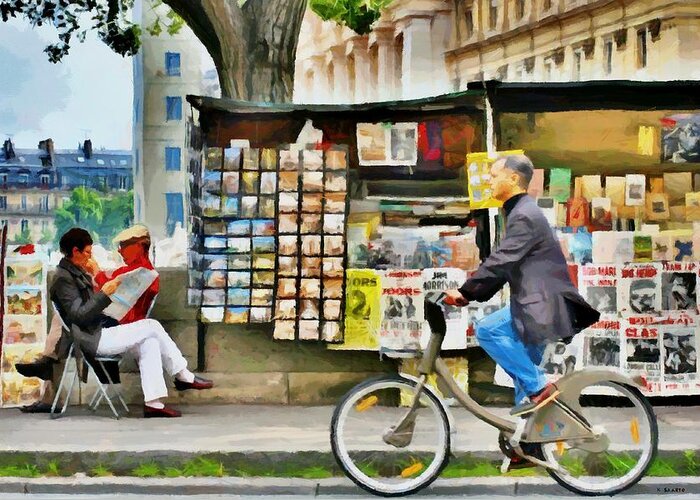 Paris Greeting Card featuring the painting Bicycling in Paris by Kai Saarto