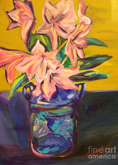 Floral Greeting Card featuring the painting Big Rhodies in Small Vase by Catherine Gruetzke-Blais