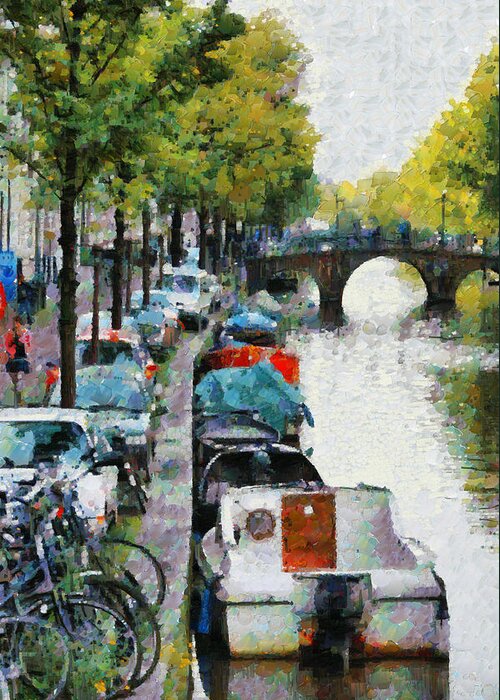Architecture Greeting Card featuring the photograph Bikes and boats in Old Amsterdam by Mick Flynn