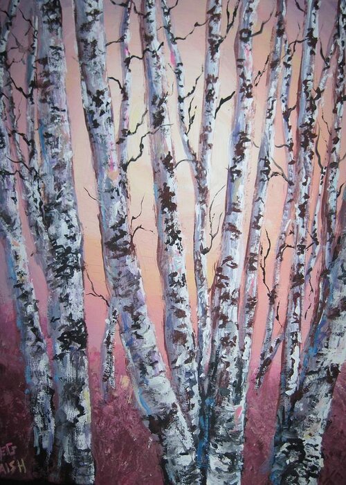 Tress Greeting Card featuring the painting Birch trees at sunset by Megan Walsh