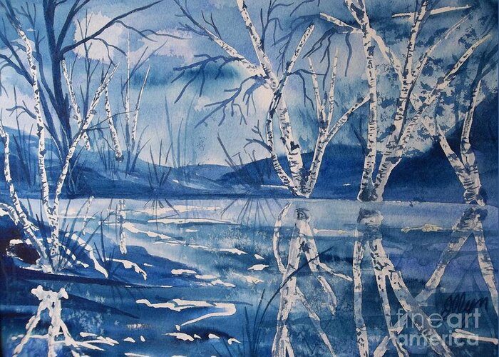 Birch Trees Greeting Card featuring the painting Birches in Blue by Ellen Levinson