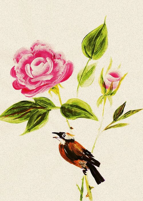 Malakhova Greeting Card featuring the painting Bird on a Flower by Anastasiya Malakhova
