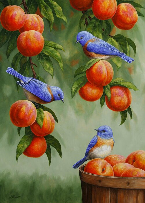 Birds Greeting Card featuring the painting Bird Painting - Bluebirds and Peaches by Crista Forest