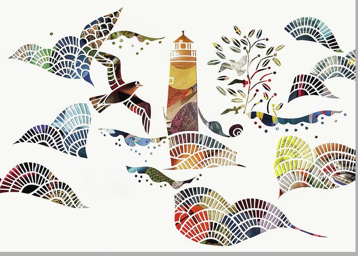 Abstract Greeting Card featuring the photograph Birds And Waves Around Lighthouse At Sea by Ikon Ikon Images