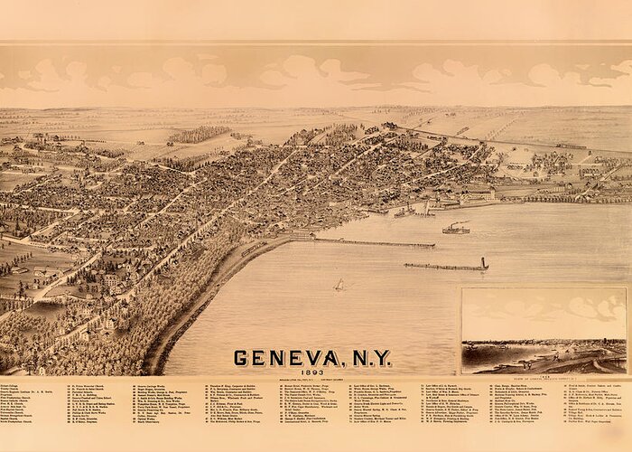 Bird's-eye View Greeting Card featuring the drawing Bird's-Eye View of Geneva New York 1893 by Mountain Dreams