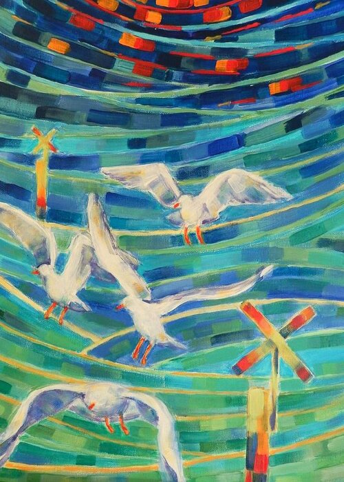 Seagulls Greeting Card featuring the painting Birds on the Bay by Zofia Kijak