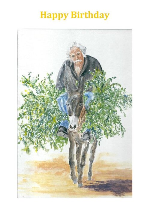 Crete Greeting Card featuring the painting Birthday card with Cretan man and donkey by David Capon