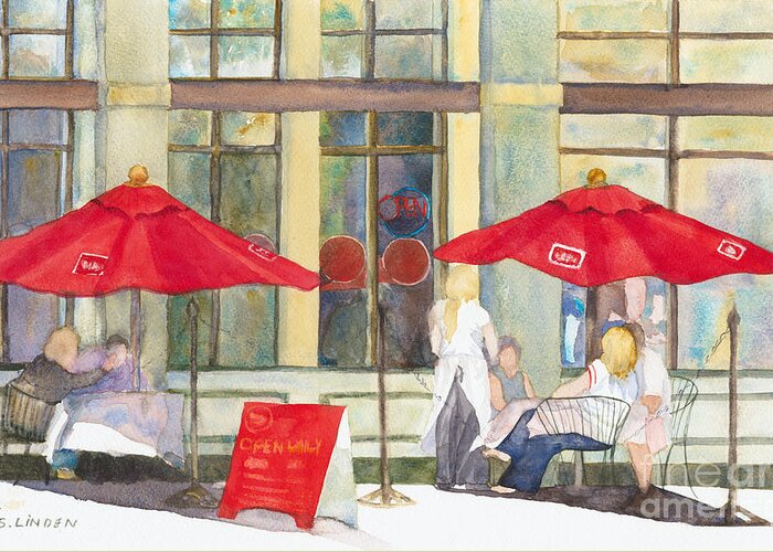 Landscape - Street Scene Greeting Card featuring the painting Bistro by Sandy Linden