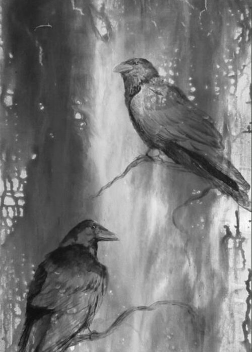 Ravens Greeting Card featuring the painting Black and White Ravens by Laurianna Taylor
