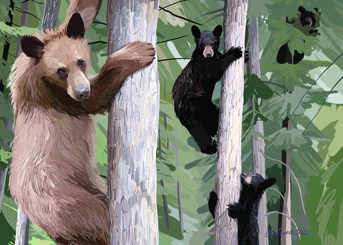 Animals Greeting Card featuring the painting Black Bear Family by Pam Little