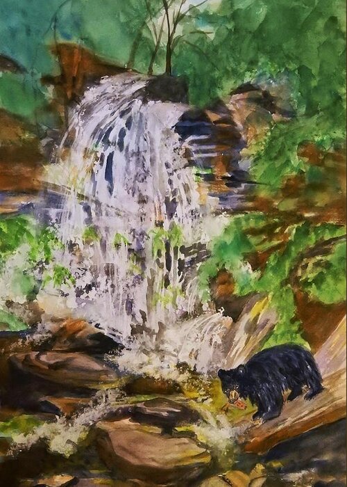 Waterfall Greeting Card featuring the painting Black Bear Fishing at the Falls by Ellen Levinson