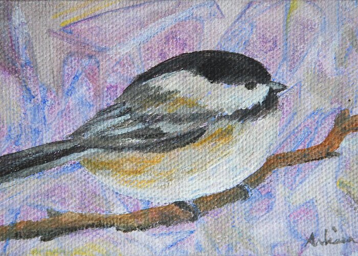 Chickadee Greeting Card featuring the painting Black-capped Chickadee - Bird in the Wild by Arlissa Vaughn