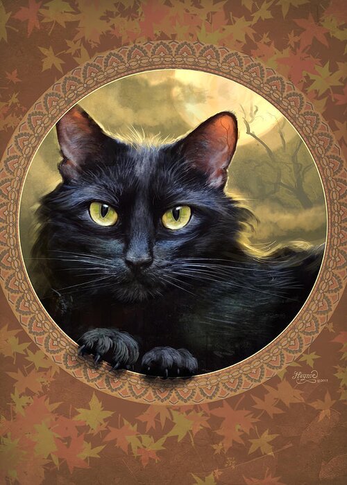 Black Cat Print Greeting Card featuring the painting Black Cat Autumn by Jeff Haynie