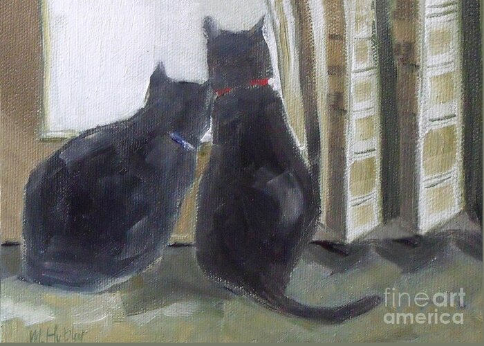 Cat Greeting Card featuring the painting Black Cats by Mary Hubley