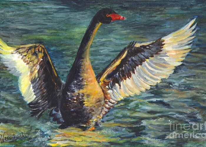 Swan Greeting Card featuring the painting Black Swan Dance by Carol Wisniewski