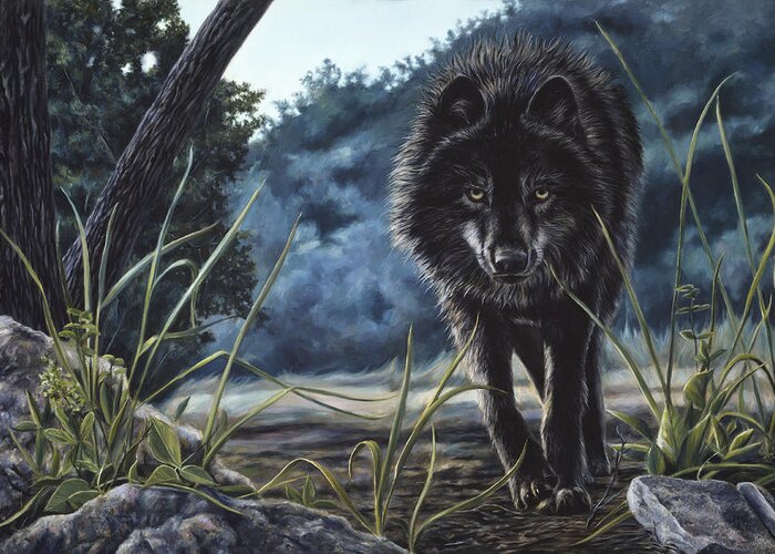 Wolf Greeting Card featuring the painting Black Wolf Hunting by Lucie Bilodeau