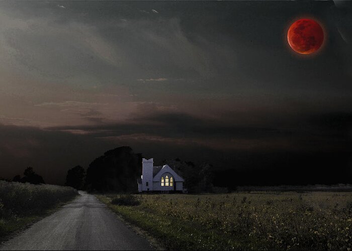 Landscape Greeting Card featuring the photograph Blood Moon Chapel by John McAllister