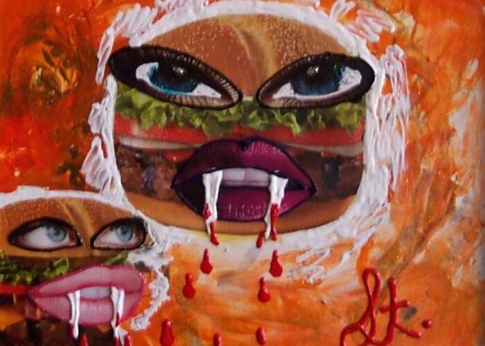 Food Greeting Card featuring the painting Bloody Meat by Lisa Piper