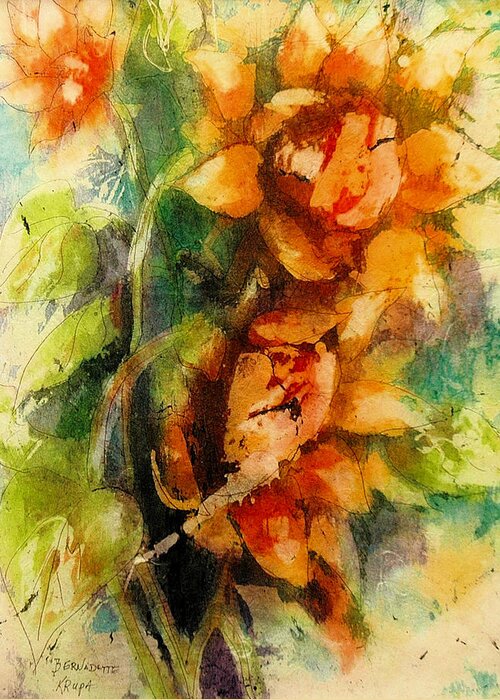 Blooming Greeting Card featuring the painting Blooming Flowers - Batik by Bernadette Krupa